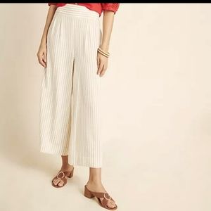 Anthropologie Wide Leg Pants Cream w/ Beige Pinstripe, 8, buttons down right leg
